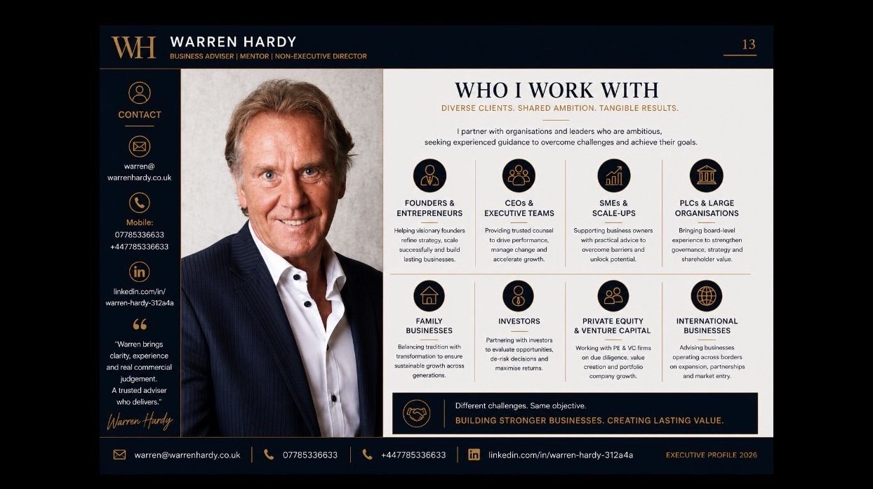 Who Warren Hardy works with, including founders, CEOs, SMEs, PLCs, family businesses, investors and international businesses.