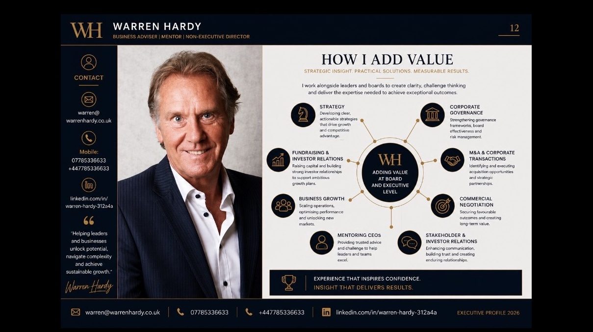 How Warren Hardy adds value at board and executive level across strategy, governance, fundraising, growth and investor relations.