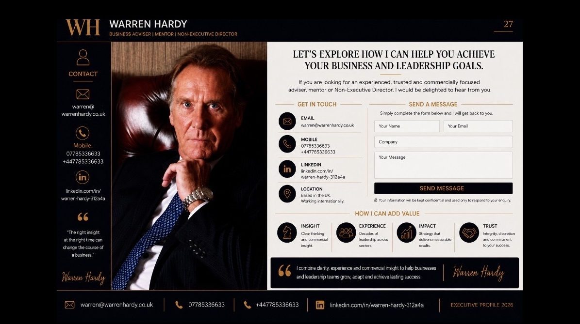 Contact Warren Hardy for business advice, mentoring and Non-Executive Director support.