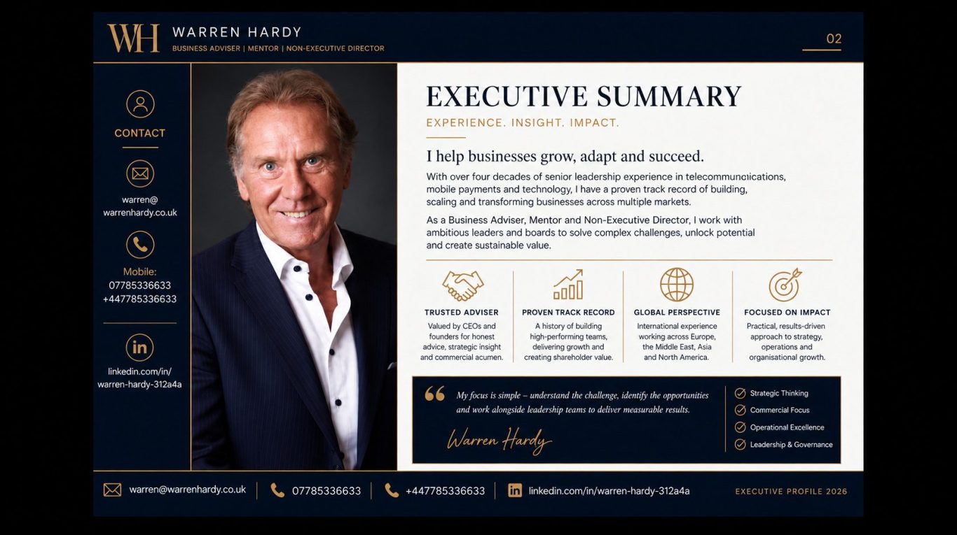 Warren Hardy executive summary highlighting experience, insight and impact.